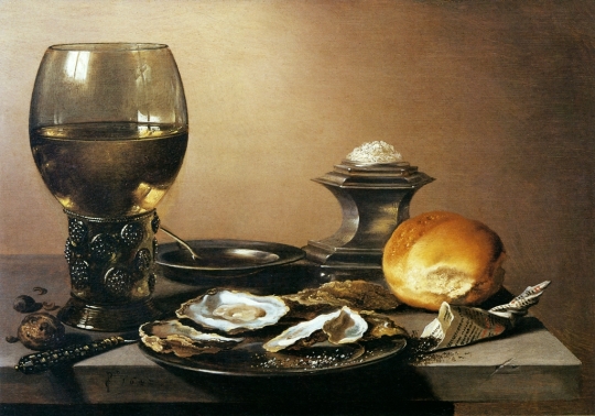 Breakfast Piece With Roemer, Oysters, Saltcellar, And Roll - Pieter Claesz, 1642